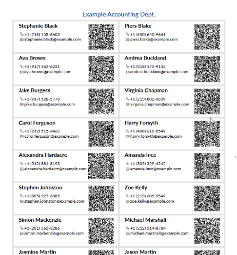 image of a PDF file of QR codes containing employee virtual card files